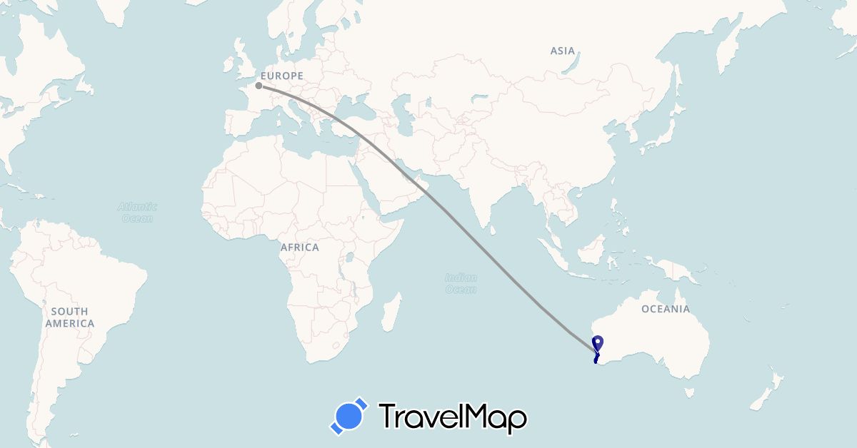 TravelMap itinerary: driving, plane, cycling, boat in Australia, France, Qatar (Asia, Europe, Oceania)